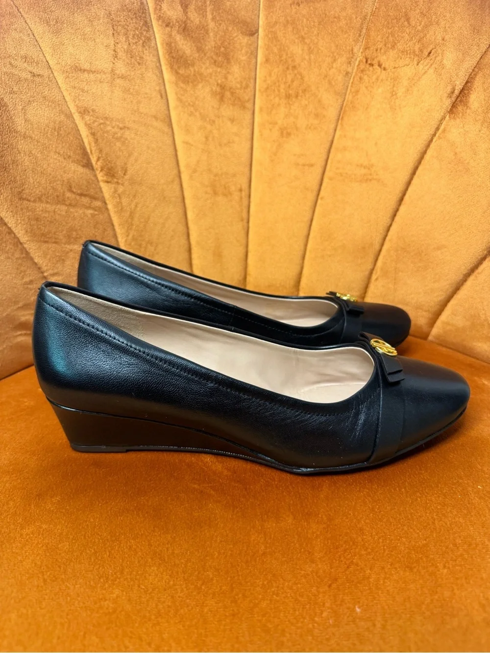 New Cole Haan Malta Bow  Black Wedge Pump with Gold Accent